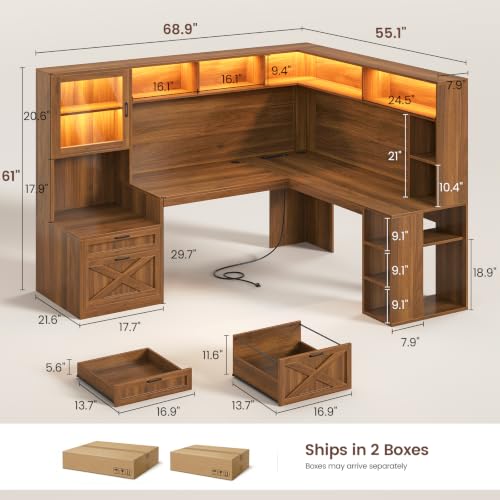 SEDETA Farmhouse L Shaped Office Desk with Double Hutch, Storage Shelves | Computer Desk with Storage Shelves and Power Outlet, Corner Gaming Desk with LED Light and Display Cabinet for Home Office - color: Brown, size: l shaped desk with Double Hutch