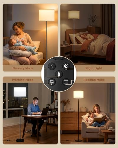 Dimmable Floor Lamp with Remote, 9W 900LM LED Bulb Included | White Shade Black Pole, Lamps for Living Room Bedroom - color: black & white