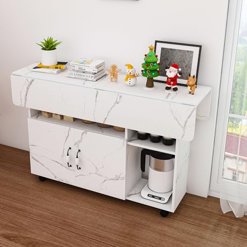 KEIKI 47 Inch Foldable Dining Table, Multi-Functional Folding Table with Storage Shelves and Wheels, Drop Leaf Extendable Dining Desk, Versatile Foldable Side Table for Kitchen, Dorm, Office, White - color: White