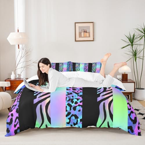 Leopard Kids Duvet Cover Set Twin Size,Abstract Cheetah Zebra Skin Bedding Set,Girls Boys Adults Room Decor,Geometric Stripes Patchwork Comforter Cover,Blue Purple Gradient Quilt Cover,1 Pillowcase - color: A-leopard 03, size: Twin 68"x90"