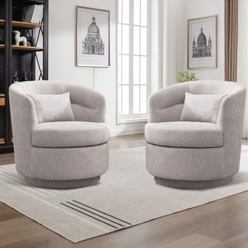 Swivel Accent Chair Set of 2, 360 Degree Round Swivel Barrel Chair with Pillow, Upholstered Comfy Barrel Armchair Single Club Sofa Chair for Living Room, Bedroom, Reading Room, (Grey*2) - color: Grey-set of 2