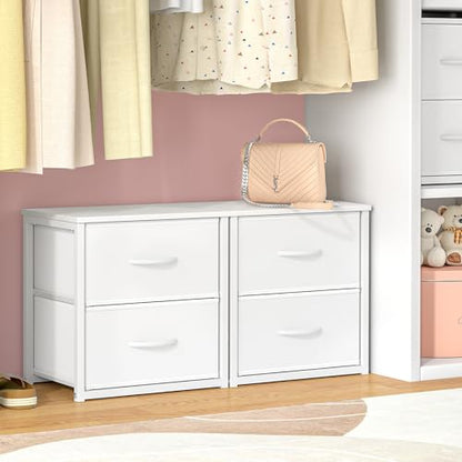DAOUTIME 2-Pack Stackable Storage Drawers (4 Drawers Total), White Closet Organizer with Wooden Top & Metal Frame, Freestanding or Stackable Dresser for Bedroom, Living Room, Under Bed