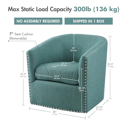 Madison Park Swivel Barrel Accent Chair, Upholstered Curved Back with 7-Inch Thick Woven Cushion, 360° Swivel, Nailhead Trim, Comfy Chair for Living Room, Bedroom, Office, 28" Wide, Teal, Tyler - color: Teal