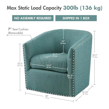 Madison Park Swivel Barrel Accent Chair, Upholstered Curved Back with 7-Inch Thick Woven Cushion, 360° Swivel, Nailhead Trim, Comfy Chair for Living Room, Bedroom, Office, 28" Wide, Teal, Tyler - color: Teal