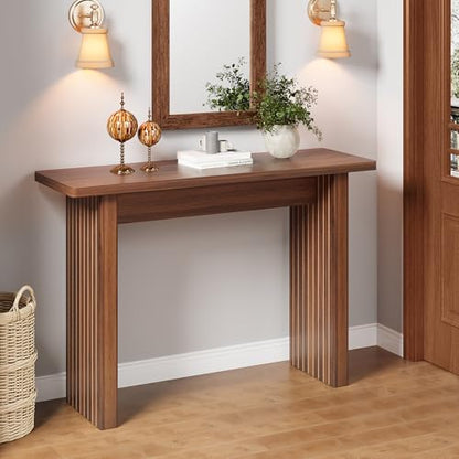 Mid Century Narrow Entryway Console Table, 43.3" Fluted Wood Couch Table Behind Sofa Long and Skinny for Living Room Hallway Entrance Foyer, Walnut - color: Walnut