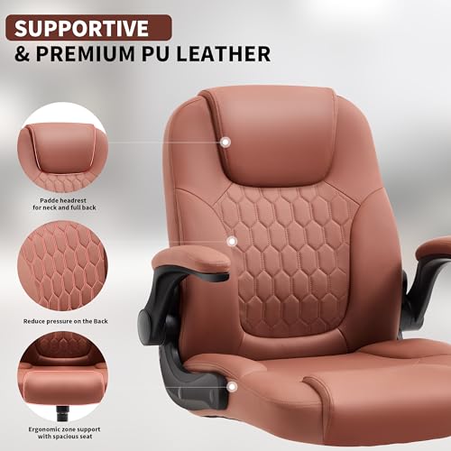 Leather Office Chair Swivel Lumbar Support for Short People Brown | Executive Office Chair PU,Leather Office Chair with Wheels,360° Swivel Rolling Chair with Padded Arm,Ergonomic Computer Chair - color: Brown