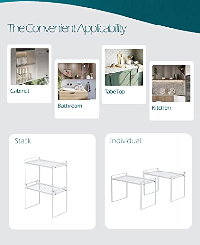 Shantton 2pk Kitchen Cabinet Shelf Counter Organizer Rack Pantry Storage Bathroom Bedroom Office Table Desk Space Saving Steel Frame Stackable Rust Resistant Non Slip White-Tall- L13in W8.3in H9.5in | 2-Pack Stackable Metal Riser Holds 40LBS with Non-Slip