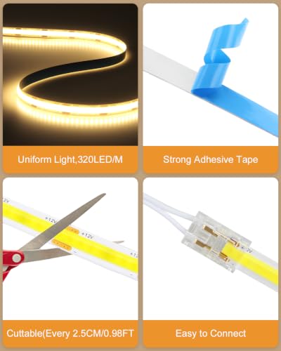 Warm White Under Shelf Lights Strip with Hand-Sweep On/Off 32.8FT 12V 3000K | 2 Rolls of 16.4ft 100W,Self-Adhesive Dimmable COB LED Strips Light,Cuttable DIY Shelf Lighting for Bookshelf Pantry Closet - color: Warm White, size: 10M