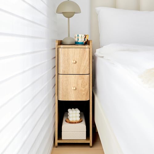 Narrow Nightstand Set of 2, Wooden Small 2 Drawer Nightstand, Slim Side End Table, Skinny Bedside Table, Mid Century Modern Night Stand with Drawers for Bedroom (Natural-2 pcs) - color: Natural-2 Pcs