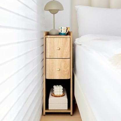 Narrow Nightstand Set of 2, Wooden Small 2 Drawer Nightstand, Slim Side End Table, Skinny Bedside Table, Mid Century Modern Night Stand with Drawers for Bedroom (Natural-2 pcs) - color: Natural-2 Pcs