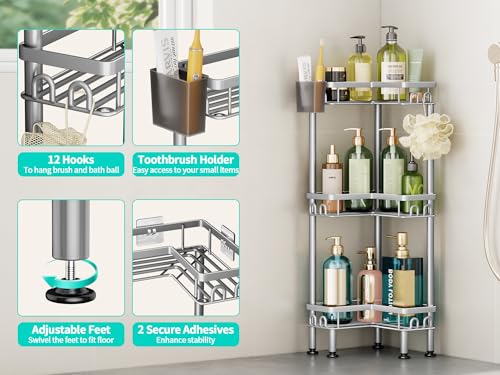 HapiRm Standing Shower Caddy Corner - 3 Tier Corner Shower Organizer with Toothbrush Holder and 12 Hooks, Large Capacity Rustproof Bathroom Shelves for Tall Bottles, Silver - color: Silver, size: 3-tier