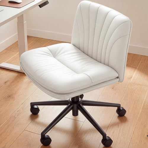 Marsail Armless-Office Desk Chair with Wheels: PU Leather Cross Legged Wide Chair,Comfortable Adjustable Swivel Task Chairs for Home,Office,Make Up,Small Space,Bed Room(Light Beige) - color: Light Beige