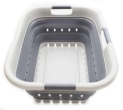 SAMMART 41L Collapsible 3 Handled Plastic Laundry Basket - Foldable Pop Up Storage Container/Organizer - Portable Basket - Space Saving Hamper/Basket (3 handled rectangular, Grey/Dark Grey) - color: Grey/Dark Grey