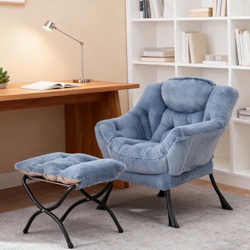 Welnow Lazy Chair with Ottoman,Reading Chair with Footrest,Plush Light Blue | A Side Pocket,Armrests,Foldable Footrest,Thick Cushioned Seat & Backrest, Lounge Chair for Bedroom,Living Room & Small Space - color: Plush Light Blue