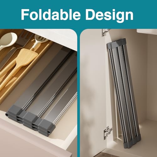 COOL-ANGLE Aluminum Roll Up Dish Drying Rack, 17.7x13.4 Inches, Matte Gray | Rust proof aviation aluminum, Heat resistant trivet up to 400F, Fits sinks up to 16.8 inches, Foldable for compact RV storage - size: Rectangle 17.7'' x 13.4''
