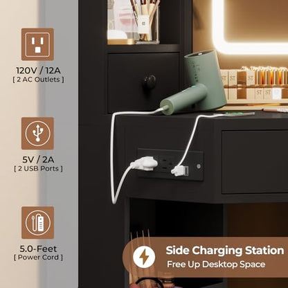 HAUOMS Vanity Desk with Mirror Lights, Storage Bench & Power Outlet, Black | Rotating Cabinet with 6 Shelves, 2 Drawers, 3 Light Settings, Touch Control Mirror, Space Saving for Women Girls - style: Modern Black