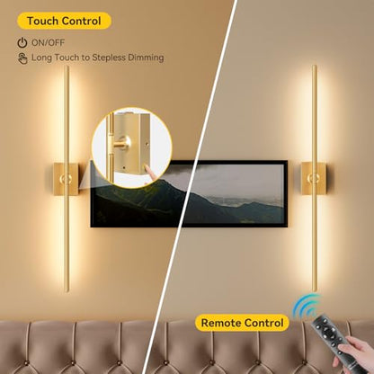 Battery Operated Wall Sconces Set of 2, 10000mAh Wireless Rechargeable 3000-6000K Dimmable 350° Rotate Wall Light with Remote for Living Room, Bedroom 23.6in Gold - color: Gold, size: 23.6in-Square Base