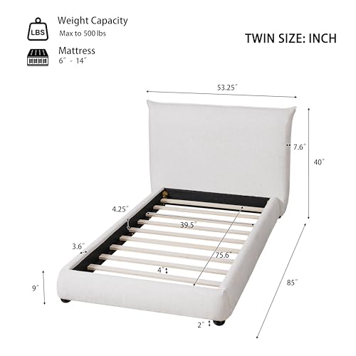 DNYN Upholstered Platform Bed Frame with Thick Pillow-Back Headboard | Linen Fabric Bed| Low-profile Design| No Box Spring Needed| Wooden Slats Support| Easy Assemble| Twin Size - size: Twin