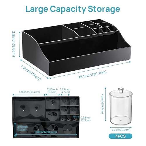 Vtopmart 5 PCS Bathroom Countertop Organizer Sets, Black | 1 Divided Tray with 4 Qtip Holder Jars, For Toothbrush, Cotton Pads Balls, Floss, For Bathroom Countertop - color: Black