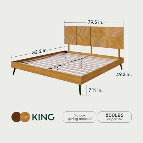 Bme Rhombus King Bed Frame – Solid Rubber Wood with Geometric Rhombus Headboard, Teak Brown Finish, Scandinavian Modern Platform Bed with Sturdy Slats & Metal Legs, No Box Spring Needed - color: Teak Brown, size: King, style: Scandinavian
