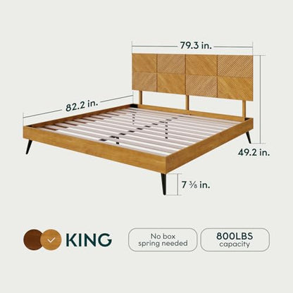 Bme Rhombus King Bed Frame – Solid Rubber Wood with Geometric Rhombus Headboard, Teak Brown Finish, Scandinavian Modern Platform Bed with Sturdy Slats & Metal Legs, No Box Spring Needed - color: Teak Brown, size: King, style: Scandinavian