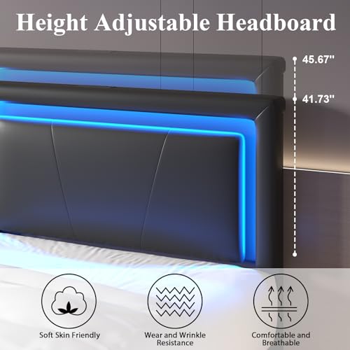 Twin Size Bed Frame with 4 Storage Drawers, Upholstered Headboard, Black | Modern Bed, Charging Station, LED Light, Adjustable Height Headboard, Noise-Free, No Box Spring Needed, Easy Assembly - color: Black, size: Twin