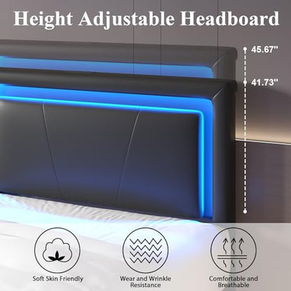 Twin Size Bed Frame with 4 Storage Drawers, Upholstered Headboard, Black | Modern Bed, Charging Station, LED Light, Adjustable Height Headboard, Noise-Free, No Box Spring Needed, Easy Assembly - color: Black, size: Twin