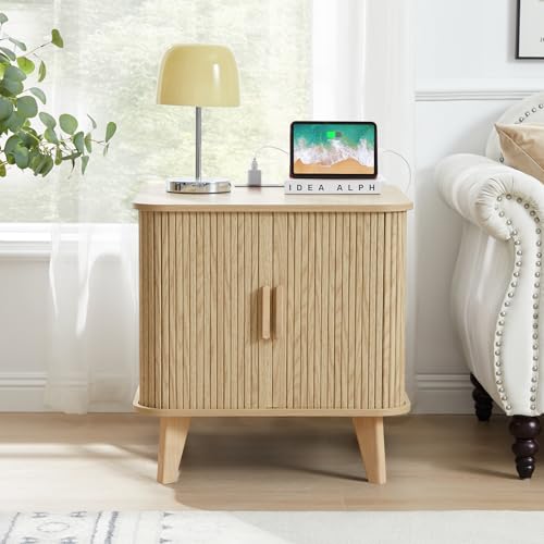 24" Large Square End Table with Charging Station, Farmhouse Fluted Sofa Side Table with Sliding Tambour Door & Storage, Curved Rustic Wood Nightstand for Living Room, Bedroom, Natural - color: Natural