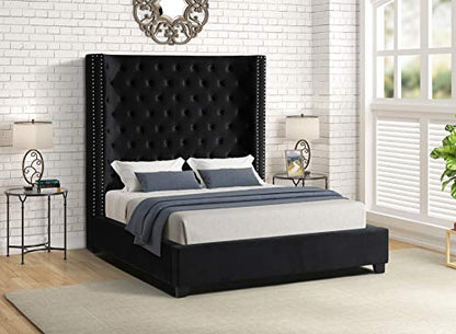 Jaclyn Upholstered Low-Profile Platform Bed Frame, Black - King | Velvet Fabric, 70" Tall Straight Edge Headboard, Button Tufting, Nailhead Trim, Transitional Style - color: Black, size: King (U.S. Standard)