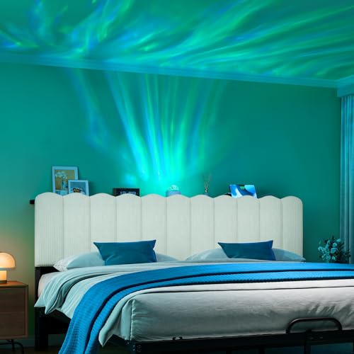 King Aurora Light Headboard with Storage Shelf, White | Aurora ceiling projector, scalloped tufted design, USB-A & Type-C ports, storage shelf, adjustable height, foam padded - color: White-with Aurora Light, size: King