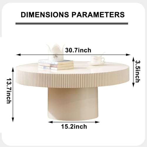Round Fluted Drum Coffee Table with Pedestal Base | 30.7'' Modern White Wooden Drum Center Table, Handcrafted Wood Fluted Edge, For Living Room & Apartment - color: White Thin