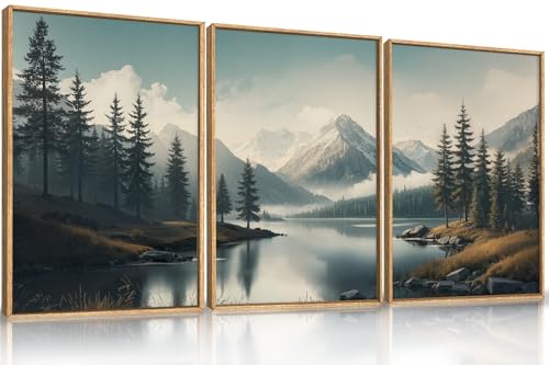 LHIUEM Large Mountain Misty Forest Framed Canvas Wall Art,Nature Ridge Foggy Wall Decor,Snow Lake Woodland Wall Painting,Pine Tree Artwork for Living Room,Bedroom,Dining Room,Office -24"x36"x3 - color: Mountain Misty Lake Wall Art, size: 36"L x 24"W