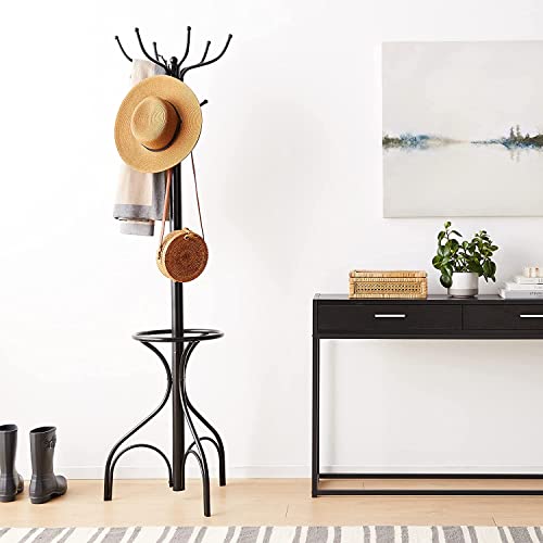 Tangkula Coat Rack Freestanding, 75 Inch Heavy Duty Metal Hanger Stand with Umbrella Holder, Entryway Hat Jacket Hanger with 12 Hooks for Scarf Crutch Bag, Standing Coat Tree Rack (Black)