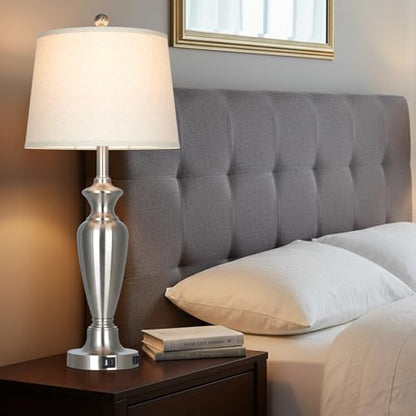 Cinyirong 30" Tall Silver Table Lamp for Living Room, 3-Way Dimmable Touch Control Bedside Lamp for Bedroom Nightstand with USB A+C Ports & AC Outlet (1 Pack) - color: Silver (1 Pack)