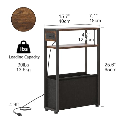 Leomonio Narrow Side Table, Slim End Tables with Fabric Basket, Skinny Table for Small Spaces, Thin Bedside Table for Living Room, Bedroom (1, Rustic Brown - Outlet) - color: Rustic Brown - Outlet