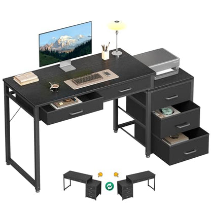 ODK 53 Inch Computer Desk with 5 Drawers & Printer Shelf, Black | Reversible Office Desk for Home Office, Writing Table Desk for Storage