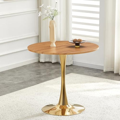 31.5" Round Dining Table, Mid-Century Modern Tulip Table with Thickened Tabletop & Metal Pedestal, Circle Bistro Table for Kitchen, Small Places, Apartments, Cafe - color: Wood Gold, size: 31.5" dining table