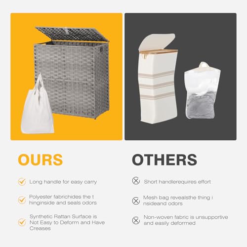 NEWBULIG 110L Extra Large Divided Laundry Hamper with Lid, 2 Section Collapsible Dirty Clothes Basket, Dual Removable Liner Bags for Bedroom, Bathroom, Closet and Dorm Room Organization Grey - color: Grey
