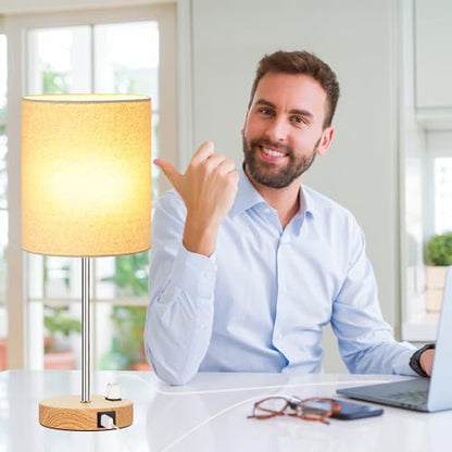 Lynnoland Set of 2 Touch Wood Table Lamps, Bedroom Lamps with 2 USB AC Outlet, 3-Way Dimmable Bedside Nightstand Lamps for Bedroom Living Room Nursery, 800 Lumens 2700K Bulbs Included - color: (2 Pack)Cream & Wood(Base)-2700K Bulbs Included