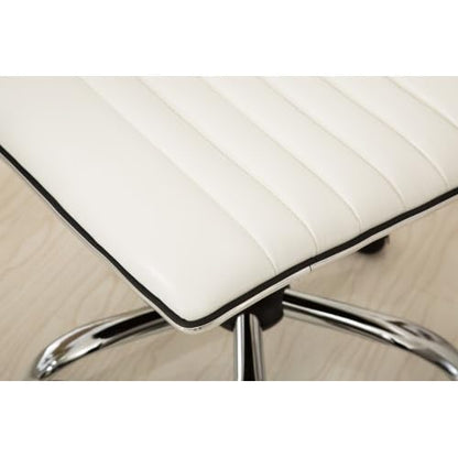 Armless Small Swivel Desk Chair, Vanity Office Desk Chair with Wheels | Adjustable Task Chairs, Modern Adjustable Height Work Chairs with Faux Leather Fabric & Padded Seat for Home Office, White - color: White