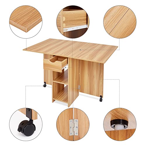 Mondeer Folding Dining Table with Drawer and Shelves, Red Oak | Drop Leaf Kitchen Table with 1 Drawer and 2 Storage Shelves in Modern Style for Small Spaces and Seats 4-6 People. - color: Red Oak