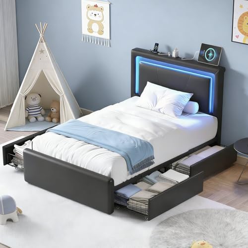 Twin Size Bed Frame with 4 Storage Drawers, Upholstered Headboard, Black | Modern Bed, Charging Station, LED Light, Adjustable Height Headboard, Noise-Free, No Box Spring Needed, Easy Assembly - color: Black, size: Twin