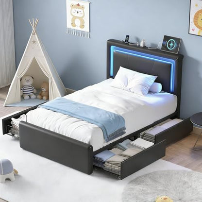 Twin Size Bed Frame with 4 Storage Drawers, Upholstered Headboard, Black | Modern Bed, Charging Station, LED Light, Adjustable Height Headboard, Noise-Free, No Box Spring Needed, Easy Assembly - color: Black, size: Twin