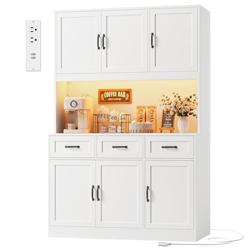 HOSTACK Kitchen Pantry Storage Cabinet, Tall Kitchen Hutch Cabinet, White | 47"W Food Pantry Cabinet with Smart LED / Charging Station / Countertop / 3 Large Drawers, 72"H Storage Hutch, Dining Room - color: White