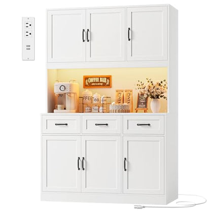 HOSTACK Kitchen Pantry Storage Cabinet, Tall Kitchen Hutch Cabinet, White | 47"W Food Pantry Cabinet with Smart LED / Charging Station / Countertop / 3 Large Drawers, 72"H Storage Hutch, Dining Room - color: White