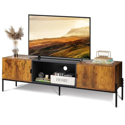 WLIVE 58" TV Stand for 65 Inch TVs, Mid Century Modern Entertainment Center with 2 Storage Cabinets & Open Shelf, Media Console Table with Metal Legs for Living Room, Bedroom, Rustic Brown - color: Rustic Brown