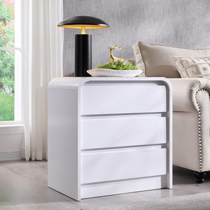 Aitjunz 25" Tall Modern Nightstand with Charging Station, 23.6'' Wide Wood Bedside Table w/3 Storage Drawers, Small Dresser w/Curved Profile Design, End Table for Bedroom, White - color: White