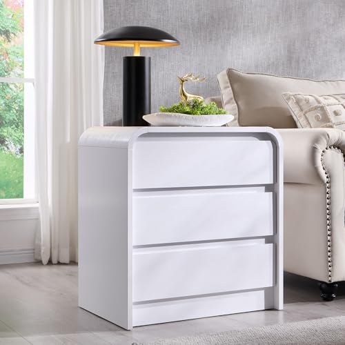 Aitjunz 25" Tall Modern Nightstand with Charging Station, 23.6'' Wide Wood Bedside Table w/3 Storage Drawers, Small Dresser w/Curved Profile Design, End Table for Bedroom, White - color: White