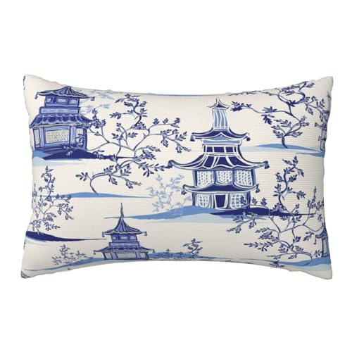 Blue Chinoiserie Temple Chinese Style Throw Pillow Case Rectangle Decorative Lumbar Pillow Cover for Home Decor Sofa Living Room Couch Bed Car Cushion Cover 12"X 20" - color: Blue Chinoiserie Temple Chinese Style, size: 20" x 12" (Pack of 1)