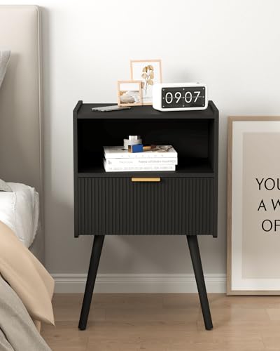 Black Nightstand,Modern Bedside Table with Storage Drawer and Open Wood Shelf, for Living Room, Bedroom and Small Spaces, Accent Night Stand with Solid Wood Legs, Easy Assembly,Classic Black - color: Black